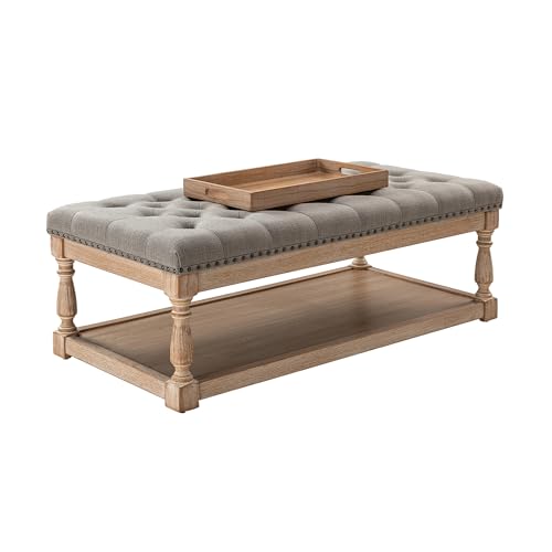 Hulala Home Rectangle Ottoman Coffee Table With Tray, Large Tufted Fabric Coffee Table With Wood Shelf Storage thumb #6