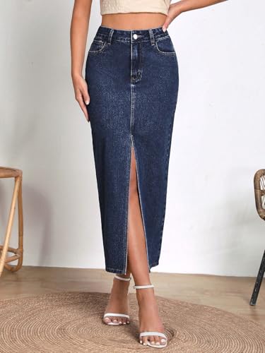 Image of Shasmi Women's Elegant Blue Solid High Waist Split Thigh Denim Maxi Skirt for Women's & Girl's (Skirt 180)
