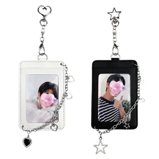 K-pop Photocard Holder Keychain with Metal Chain – 2 pcs Hard Protective Card Case with Heart & Star Clip Keychain, Decorative Charms for Toploader or Badge Black and White