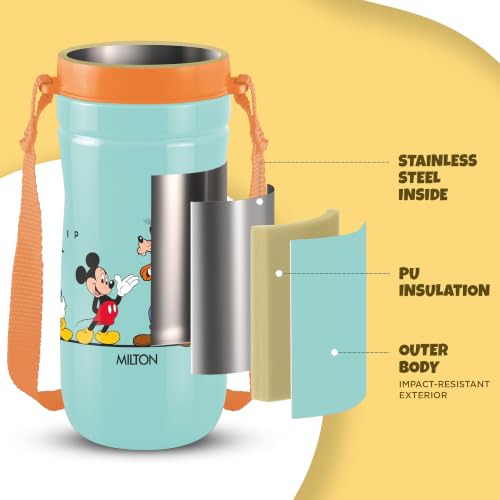 Image of MILTON Disney Kool Cheer 600 Plastic Insulated Thermo Water Bottle with Straw for School Kids I Food Grade, Leak Proof Lid with Hands free sipper, Easy to Carry Loop, Picnic,BPA Free,520 ml,Aqua Green