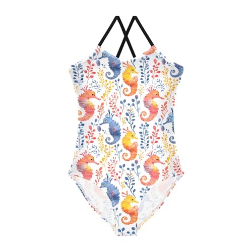 senya Girls Swimsuits One-Piece Swimwear Tie Bathing Suit Beach Summer Round Neck 7-8T Seagrass Seahorse Pattern