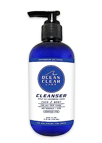 Ocean Clear Labs Daily Cleanser for Men and Women, Oil-Free, Gel to Foam, Natural Face and Body Wash, For Oily &amp; Sensitive Skin, Gentle and Natural, Aloe, Sea Minerals, pH Balanced, Unscented (8oz)