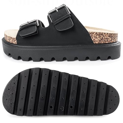 Image of Chunky Platform Sandals for Women, Waterproof Non-Slip Rubber Sole, Adjustable Double Buckle, Arch Support Open Toe Slide Sandals, Comfortable Black Wedge Sandals for Women