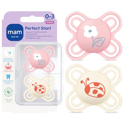 Image of MAM Perfect Baby Premium Pacifier 0-3 Months, Extra Thin Nipple, 2 Pack | Developed with Medical Experts, Breathable Curved Shield, BPA-Free Silicone, With Sterilizer Case, Made In Europe