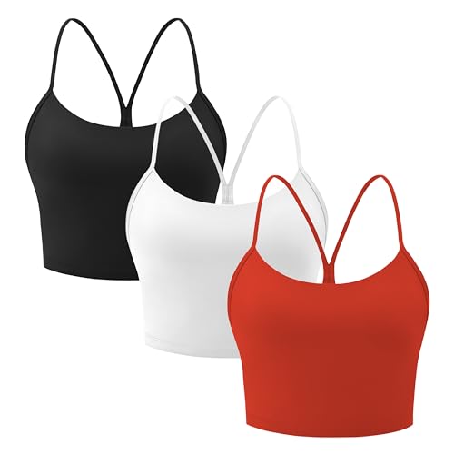 MIRITY 3-Pack Y Back Longline Sports Bras for Women - Spaghetti Support Padded Yoga Workout Crop Tank Top Black White Red Large