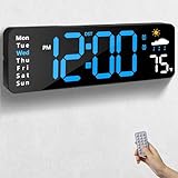 Digital Wall Clock with Remote Control, Large Display Plug in LED Digital Alarm Clocks with 12/24Hr, Date, Week, DST, Timing, Countdown, Temperature for Living Room, Bedroom, Office Wall Decor (Blue)
