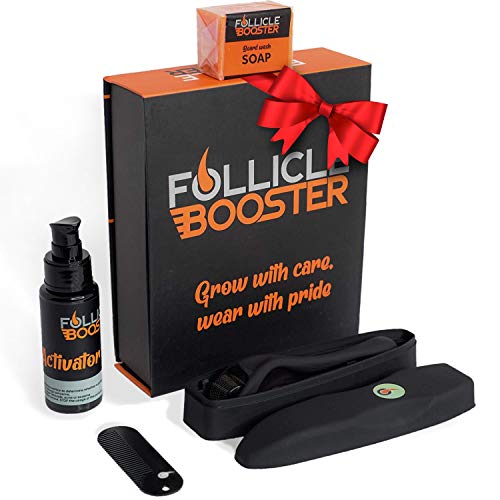Complete Beard Growth Kit - Unscented Beard Growth Activator Serum Titanium Beard Roller 100% Organic Orange Beard Soap Pocket Beard Comb for Patchy Facial Hair Growth - Vegan Natural Recipe