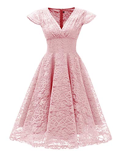 Chowsir Vestidos femininos de renda midi elegantes com decote em V para festa de casamento e convida