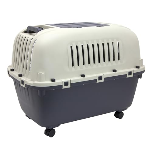 Image of SportPet Airline Compliant 2-Door Large 34.5 inch Travel Dog Kennel - Durable Plastic Pet Carrier w /Divider, Wheels, & Bowls, Collapsible Indoor /Outdoor Dog Kennel, Dogs up to 28 inch L & 20 inch H - Cream /Gray