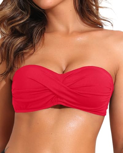 Image of Women Bandeau Bikini Top Strapless Swimsuit Top | Twist Front, Adjustable Straps, Non-Slip, Built-in Cups for Secure Fit