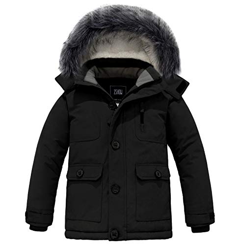 ZSHOW Boy's Mid-Length Hooded Winter Coat Windproof Fleece Inner Quilted Parka Thicken Puffer Jacket(Black,14-16)