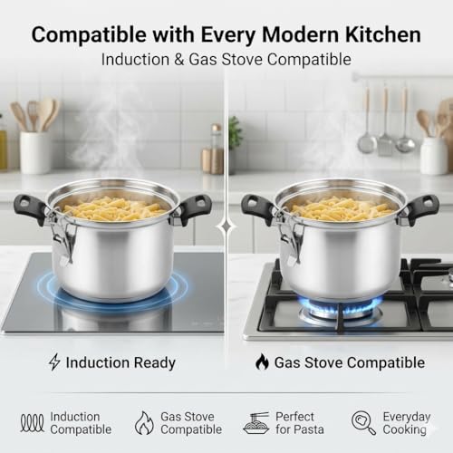 Image of MYNAKSHA Stainless Steel Strainer Pot with Lid, Heavy Base Rice Cooker with Locking Handles, Induction & Gas Compatible, Drain Easily, Ideal for Pasta, Lentils,Noodles & Vegetables - 4.6 L