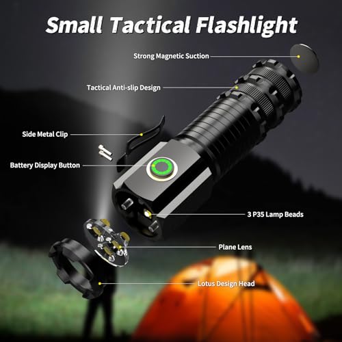 Wind&Moon Small Powerful Torch Rechargeable,High Lumens Led Torches Super Bright Battery Powered,Pocket Torch 5 Modes IPX5 Waterproof Magnetic Clip On Head Torch for Camping,Travel,Hiking,Emergency - Image 2