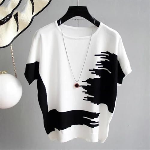 Women’S Ribbed Knit Sweater O-Neck Short Sleeve Thin Summer Patchwork Casual Pullover2