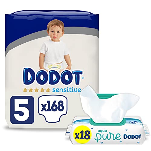 Dodot Pañales Bebé Sensitive Talla 5 (11-16 kg), 168 Pañales + Toallitas Aqua Pure, 99% Agua, 18 Paquetes (18x48), Máxima Protección de la Piel de Dodot