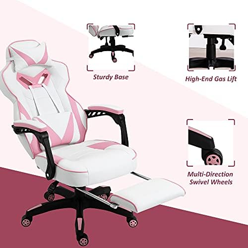 Vinsetto Ergonomic Racing Gaming Chair Office Desk Chair Adjustable Height Recliner with Wheels, Headrest,Lumbar Support Retractable Footrest Home Office, Pink