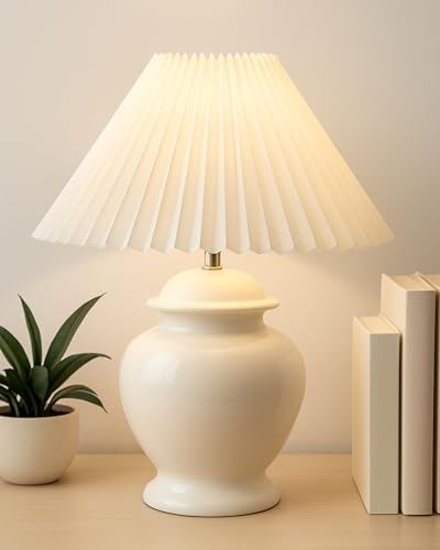 Image of Homesake Ceramic Table Lamp for Bedroom Living Room,Incandescent,Modern Pleated Lampshade Bedside Light,Nightstand for Home Office,Minimalist Nordic Style Accent Lighting Decor,White Pleated Shade