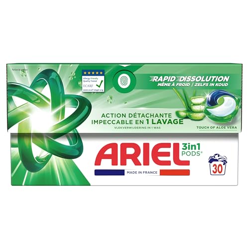 Ariel 3en1 PODS, Lessive Liquide En Capsules 30 Lavages, Touche d’Aloe Vera, Élimination Impeccable Des Taches En Un Seul Lavage, Dissolution Rapide