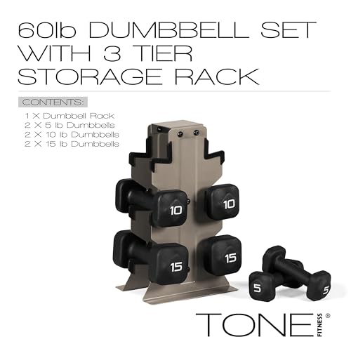 Image of Tone Fitness Neoprene Dumbbell Set with Storage Rack - Non-Slip, Anti-Roll Hand Weights for Home Gym Workouts | 20 lb, 32 lb, 50 lb, 60 lb & 100 lb Options