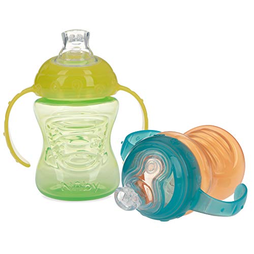 Image of Nuby 2 Count 2 Handle Cup with No Spill Super Spout (Green/Orange 2 Count)