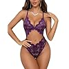 Aranmei Women Sexy Lingerie Lace Teddy V Neck Snap Crotch Cut Out Bodysuit One Piece Babydoll(Dark Purple, Small)