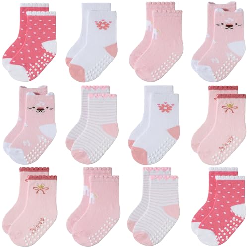 Image of JAKIDAR Baby Toddler Grip Socks, 12 Pairs Non-Slip Crew Cotton Socks for Girls Boys