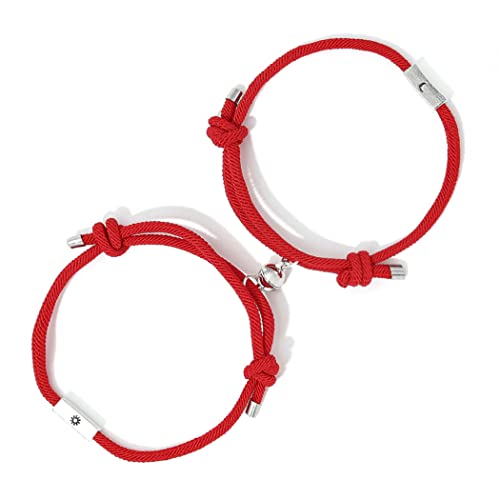 Yean Sun Moon - Pulseras de pareja con imán trenzado para mujeres y hombres, juego de joyas ajustables para parejas, regalo de amante (paquete de 2) (rojo+rojo) Cover
