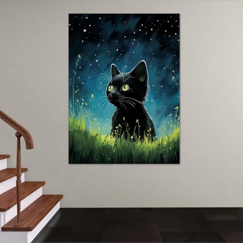 Affiche originale chat noir sur toile 40x60cm, cadeau ideal Journee mondiale du chat
