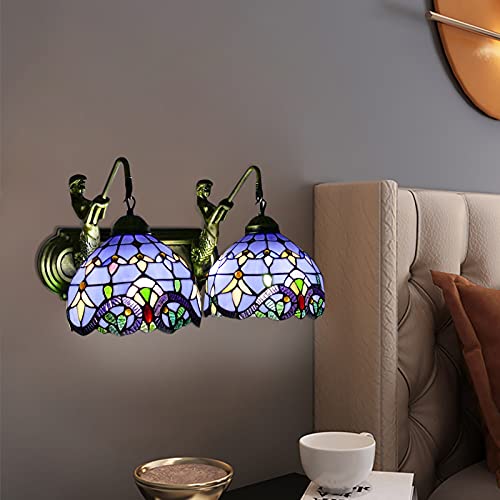 Image of Wall Sconce Vintage Style Stained Glass Bowl Wall Fixtures 2-Light Wall Light in Antique Brass with Mermaid for Bedroom Hallway Stairway Balcony