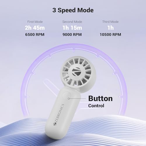 Image of Zebronics Heat Buster 100, Mini Portable Hand Fan, 10500 RPM, 3 Speed Modes with Brushless Motor, Upto 5.4m /s Airflow, Type C Charging, for Travel, Makeup, Office, Home (White)