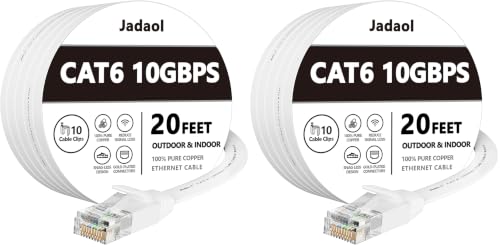 Image of Jadaol Cat6 Ethernet Cable 20FT with Clips 10Gbps Flat Network Cable, White (Pack of 2)
