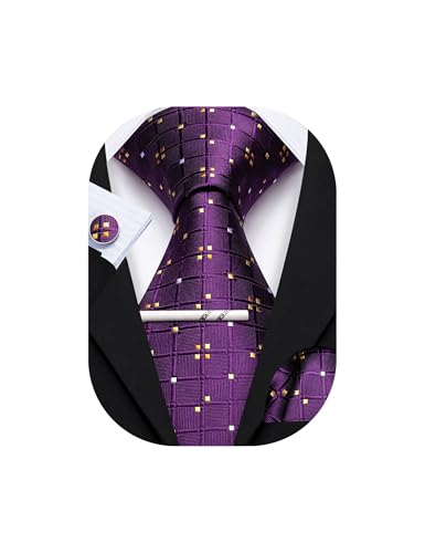Image of YOHOWA Men Plaid /Striped Ties Set Silk Business Wedding Formal Fashion Necktie and Pocket Square Cufflinks Set