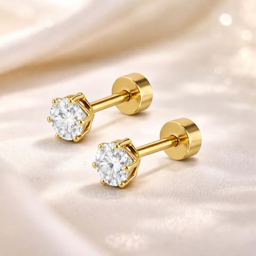 Image of VAMA FASHIONS 5mm 18K Gold Plated Anti Tarnish White Stone Round Shape Piercing Cartilage Ear Studs Lightweight Hypoallergenic Stud Earrings for Men & Boys