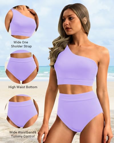 Image of Holipick Women One Shoulder High Waisted Bikini Sets Two Piece Swimsuit Tummy Control Bathing Suit Full Coverage Swimwear