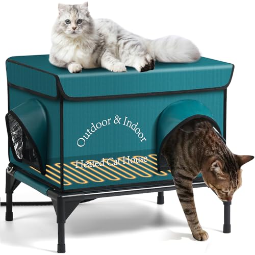 Yeatruojeet Heated Cat House for Outside Cat in Winter, Insulated Outdoor Feral Cat Shelter with Cat Heating Pad, 2 Doors,Elevated Waterproof Heated Kitty House (Blue, 21"x17.5"x18")