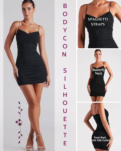 Image of ADDYVERO V-Neck Full Gather Shoulder Straps Sleeve Lurex Gliter Solid Mini-Length Hem Women Bodycon Dress