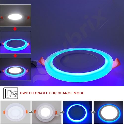 Image of OLIPS 6W (3+3) LED Ceiling Panel Down Light | Dual Color Change by On /Off Switch | Fan Box POP Decorative LED | White Center & Color Ring Design (Blue, 5)