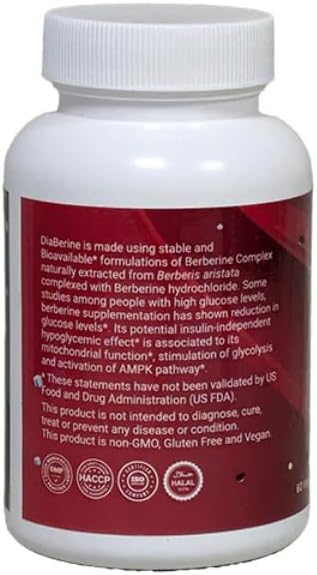 DiaBerine - Natural Berberine Complex Supplement for Blood Glucose Support - Bioavailable Formula with Berberis Aristate - Non-GMO, Gluten-Free, Vegan