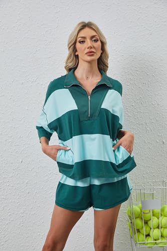 Women Two Piece Workout Short Sets Striped Lounge Set Oversized Half Sleeve Shirt and Shorts Tennis Tracksuit3
