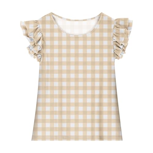 Girls Cute Plaid Ruffle Flutter Sleeve T-Shirts Casual Loose Crewneck Tees Summer Tops for Kids 3-15 Years4
