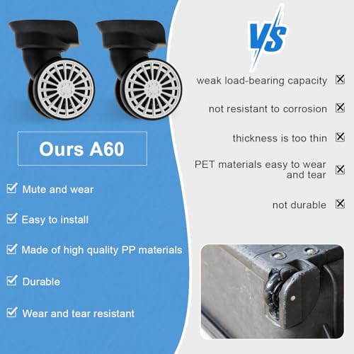 Suitcase Luggage Wheel Casters Replacement, 1 Pair A60 Universal Swivel Suitcase Luggage Mute Casters Replacement Wheels with Luggage Dual Wheels Spinner 9.8x9.7cm/3.9x3.8in (A60 Model Wheel)3