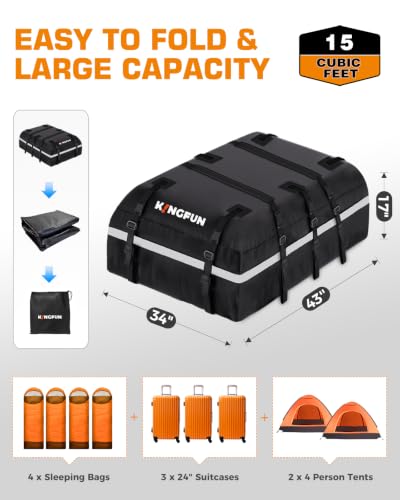Image of Kingfun Car Rooftop Cargo Carrier- 15 Cubic Feet Waterproof Roof Bag Fit All Vehicles with /Without Roof Rack, Car Top Luggage Carrier with Anti-Slip Mat, 8 Reinforced Straps, 6 Door Hooks & Locks