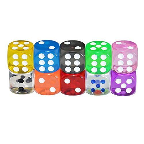 SmartDealsPro 10-Pack D6 Six Sided 16mm Transparent Dice Die for DND, MTG, RPG, Tenzi, Yahtze, Bunco, Table Borad Games, Math Teaching