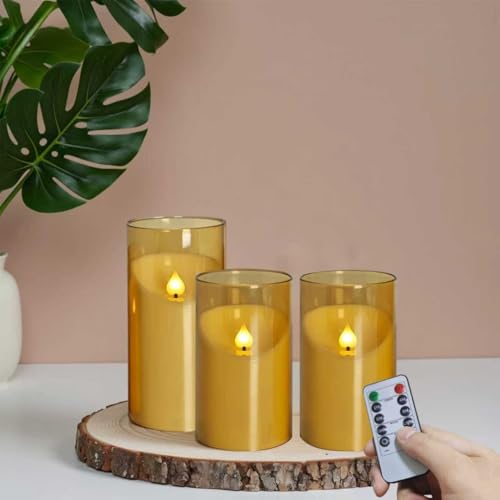 Gold flameless Candles with Remote-Controlled Timer Battery-Operated Flickering Flame Candles LED Pillar Candles Perfect for Halloween Christmas and Home Decor Set of 3