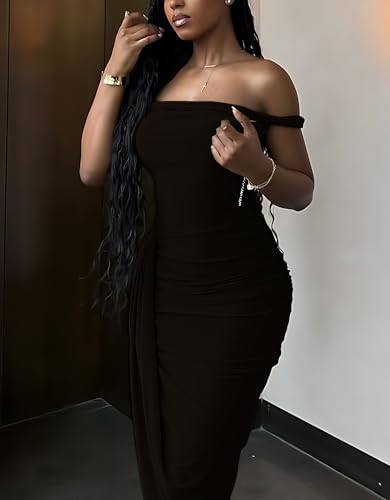 Image of One Shoulder Dresses for Women Twist Ruched Asym Midi Bodycon Guest Dress