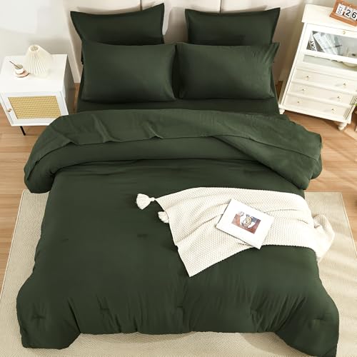 Litanika Dark Olive Green California King Size Comforter Set - 7 Pieces Bed in a Bag Cal King Bedding Comforter Sets, Plain Lightweight Bed Set with Comforter, Sheets, Pillowcases & Shams