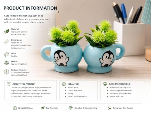 Image of Decorative Penguin Planter Cups Set of 2 with Artificial Green Plants - Cute Ceramic Desk Decor Pots for Living Room, Office & Shelf Styling