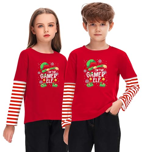 Image of Remimi Unisex Kids Christmas Long Sleeve Shirt Xmas Print Stripe Shirts 2-12 Years