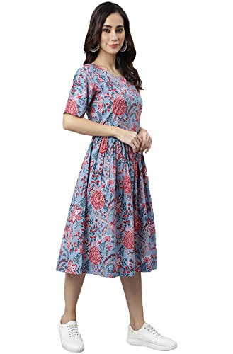 Image of Janasya Women's Cotton Floral Print Flared Dress