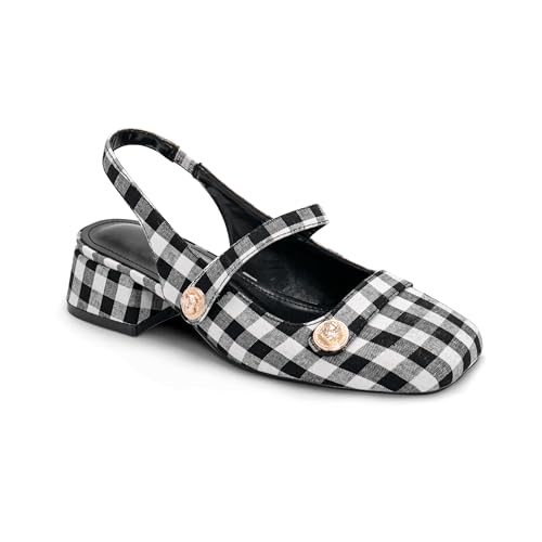 Image of Slingback Mary Jane Heels for Women Low Block Heel Closed Square Toe Pump Shoes Heels Classic Daily Office Dressy Shoes